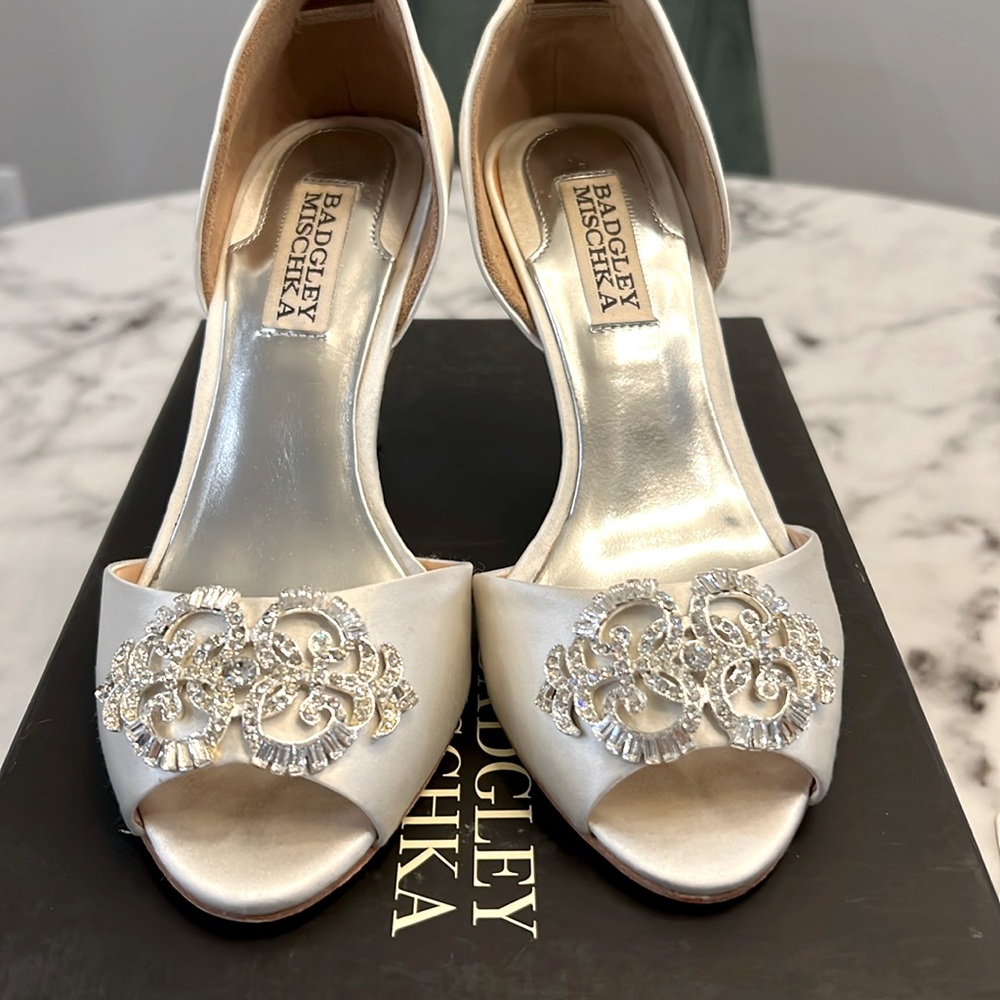 Badgley Mischka Salsa Heel - crystal embellished and cream satin